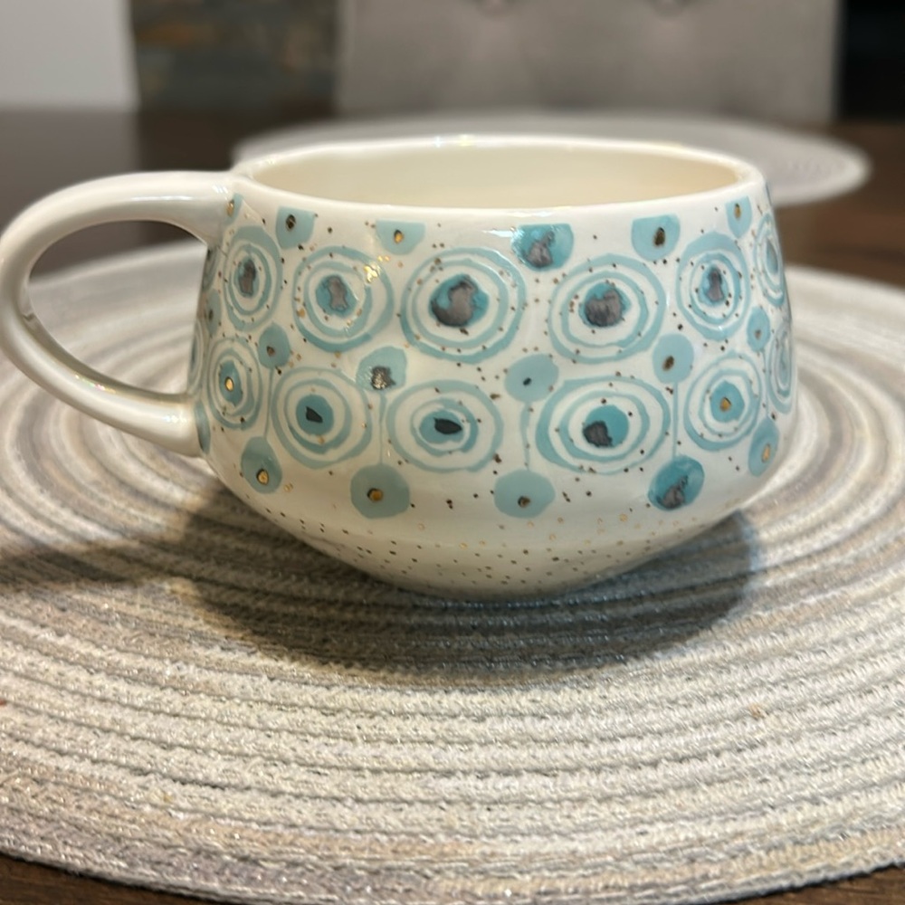 Anthropologie Oleanna Blue Teal Gold Circle Mug
